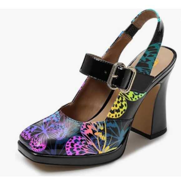 FYS Black Butterfly Platform Square Toe Block High Heel Mary Jane Slingback Pump - Picture 1 of 8